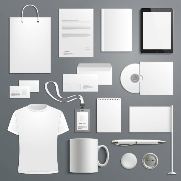 Vector accessory templates for business branding Corporate identity business items. Vector icons of supplies and office stationery, business card, t-shirt and envelope or paper bag, mug and id badges or notepads, pen and flag business cards and stationery stock illustrations