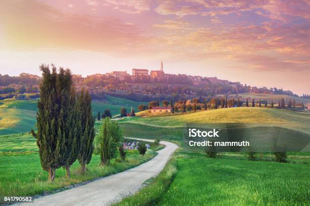 Landscape In Tuscany With The Small Town Of Pienza In The Background Stock Photo - Download Image Now