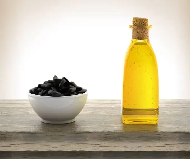 3d render of sunflower oil and seeds