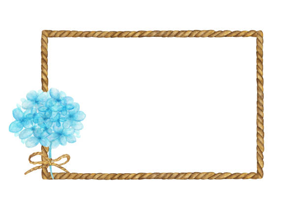 ilustraciones, imágenes clip art, dibujos animados e iconos de stock de acuarela de marco marrón cuerda con ramo de flores de color azul sobre fondo blanco - glory johnson