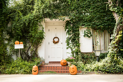 A picture of a house decorated on the day of Halloween.