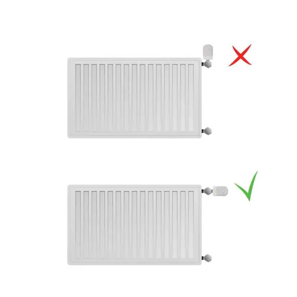 Vector illustration of Steel panel radiators vector illustration. Correct and incorrect location of the thermal head.