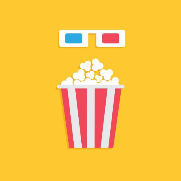 3d papier rot blau brille und große popcorn-box. kino film-symbol im flachen relaxing-stil. gelb hinterlegt. - filmindustrie grafiken stock-grafiken, -clipart, -cartoons und -symbole