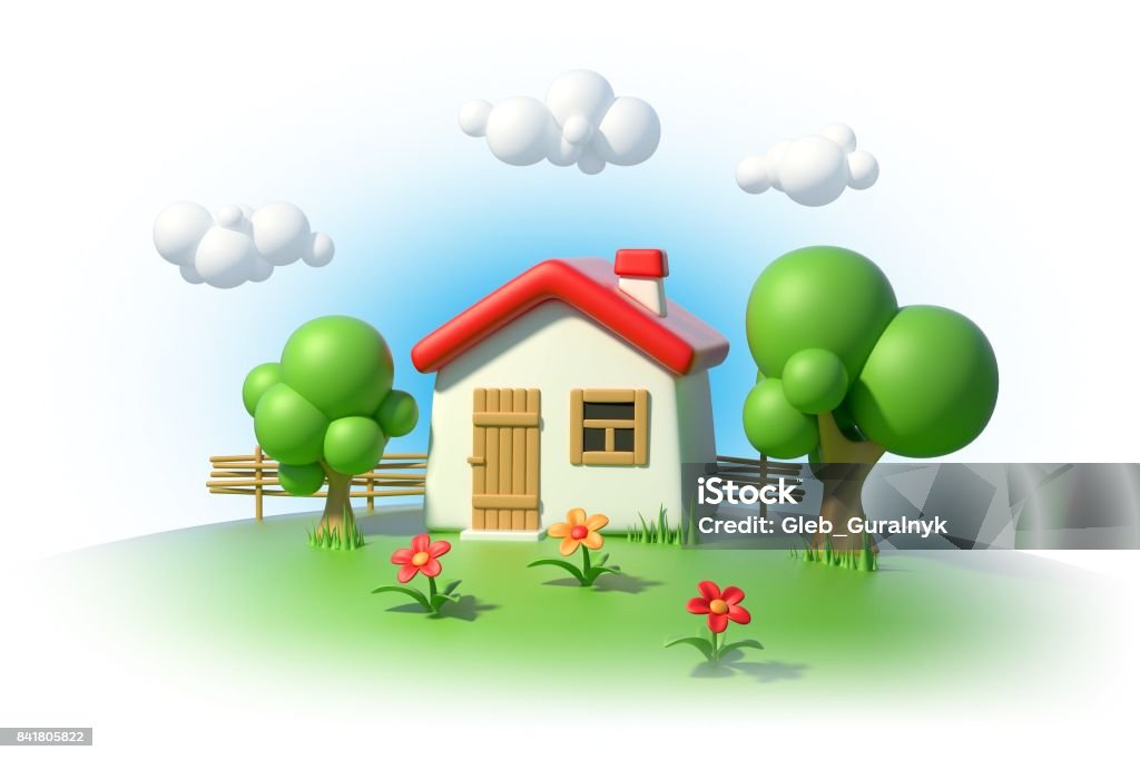 3d Render Cartoon Style Village House With Trees Stock Photo - Download  Image Now - Agricultural Field, Architecture, Built Structure - iStock