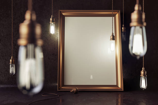 istock 3d render mockup loft scene with vintage copper electric lamps with smooth bokeh effect and grunge wall. 841805886