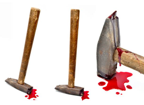 hammer with blood on white background stock photo