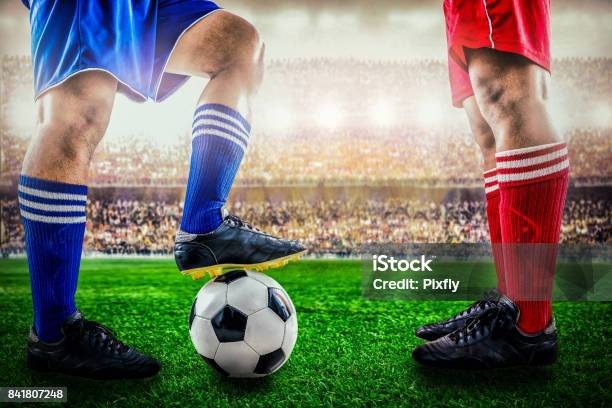 Red Team Versus Blue Team In The Stadium Of Soccer Football Stock Photo - Download Image Now