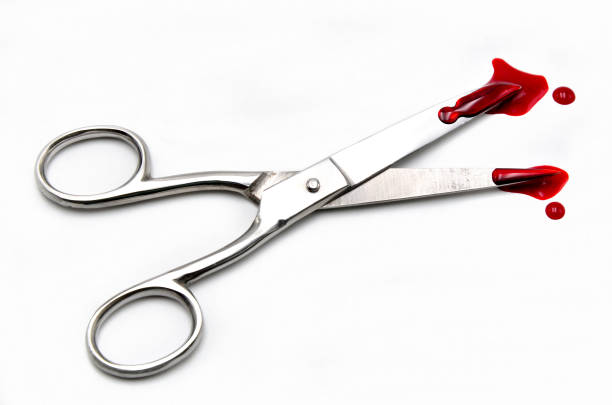 scissors with blood on white background stock photo