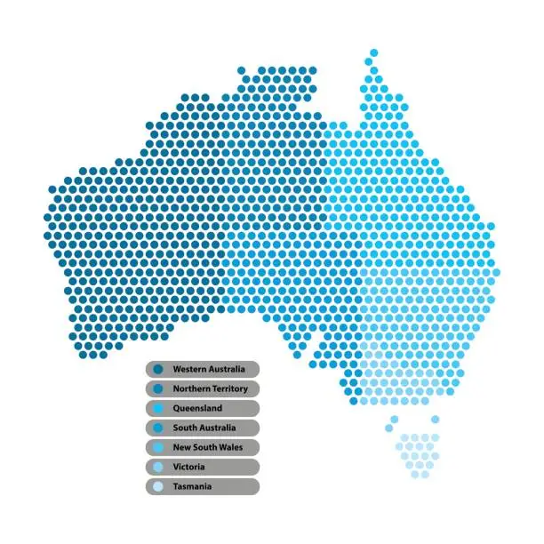 Vector illustration of Australia Map of circle shape with the provinces colored in bright colors on white background. Vector illustration dotted style.