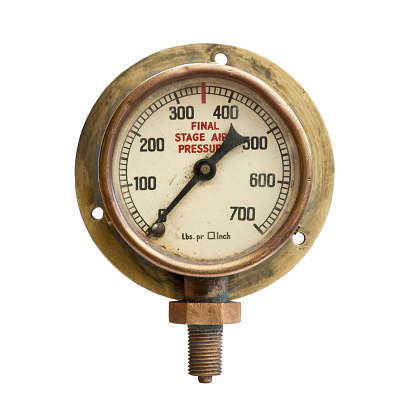 Grungy old brass  air pressure gauge isolated on white background