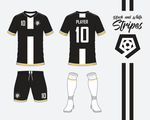 illustrazioni stock, clip art, cartoni animati e icone di tendenza di collezione di maglie da calcio o kit da calcio in strisce bianche e nere. la maglia da calcio si fa beffe. uniforme da calcio vista anteriore e posteriore. logo calcio in design piatto. vettore. - soccer socks