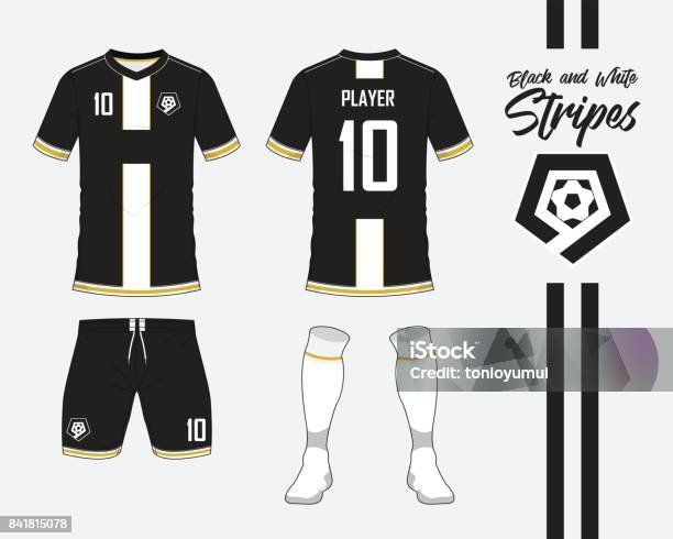 Soccer Jersey Or Football Kit Collection In Black And White Stripes Concept Football Shirt Mock Up Front And Back View Soccer Uniform Football Logo In Flat Design Vector Stock Illustration - Download Image Now