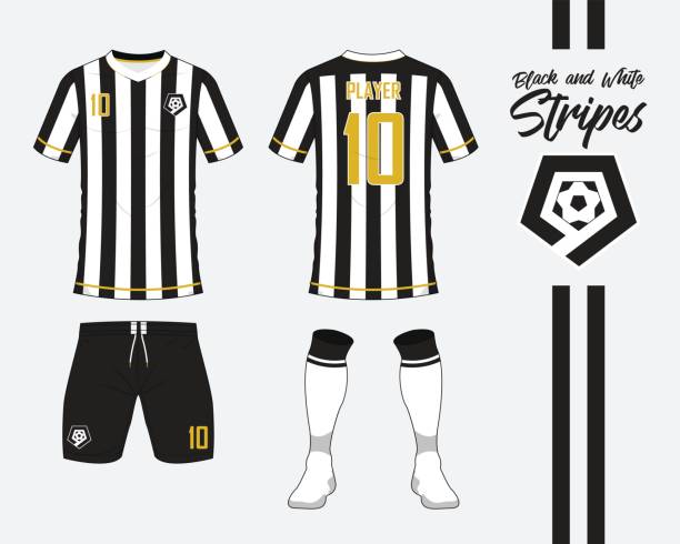 ilustraciones, imágenes clip art, dibujos animados e iconos de stock de fútbol jersey fútbol kit colección o en concepto de rayas blanco y negro. camiseta de fútbol imitan para arriba. frente y parte posterior vista uniforme del fútbol. logotipo de la fútbol en diseño plano. vector. - long sleeved shirt blank black