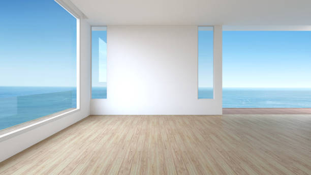 istock Modern Living room wood floor panorama sea view summer 3d rendering 841815270