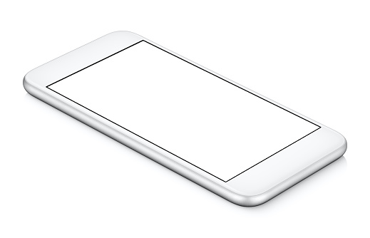 White mobile smartphone mockup counterclockwise rotated lies on the surface with blank screen isolated on white background. You can use this smartphone mock-up for your web project or design presentation.