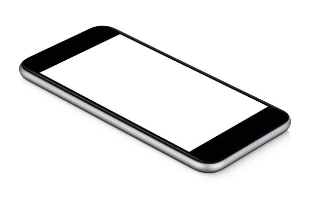 istock Black smart phone mockup CCW rotated lies on the surface with blank screen isolated on white 841825332