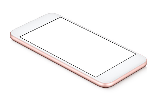 Pink mobile smartphone mock-up counterclockwise rotated lies on the surface with blank screen isolated on white background. You can use this smartphone mock-up for your web project or design presentation.