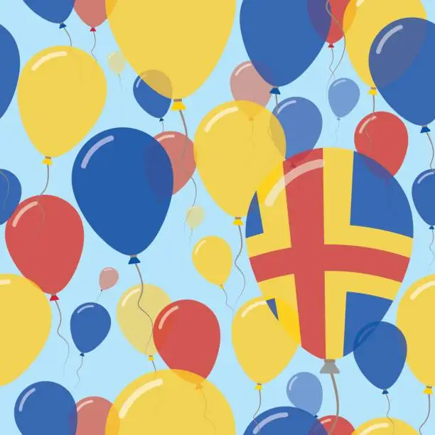 Vector illustration of Aland Islands National Day Flat Seamless Pattern. Flying Celebration Balloons in Colors of Swedish Flag. Happy Independence Day Background with Flags and Balloons.