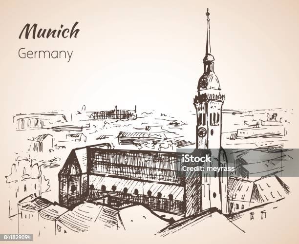 Munchen City Landscape Germany Sketch Stock Illustration - Download Image Now - Germany, Munich, Architectural Dome