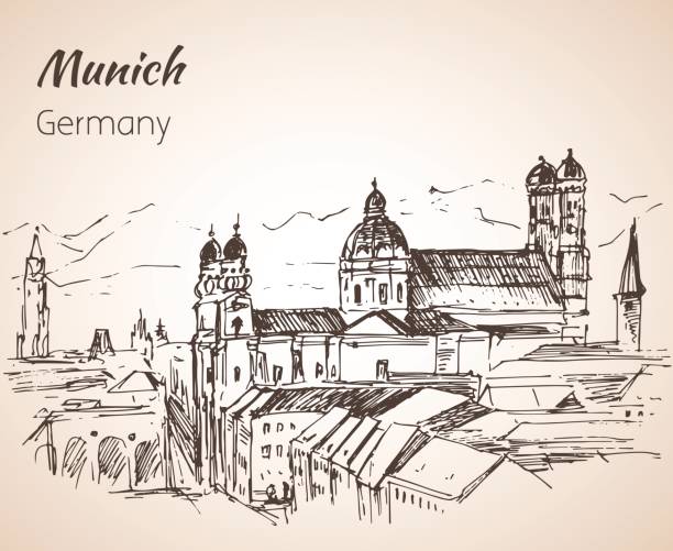 뮌헨 도시 풍 경, 독일입니다. 위치한입니다. 교회의 우리의 숙 녀입니다. 독일. 밑그림입니다. - bayern stock illustrations