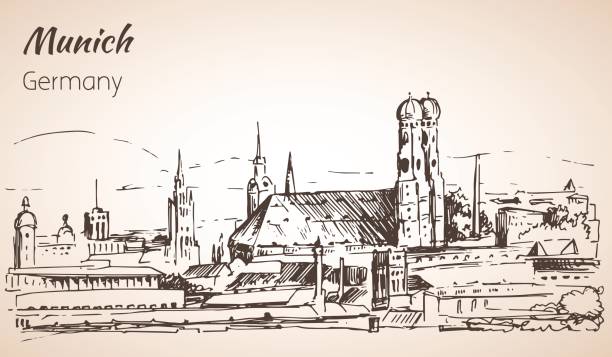 krajobraz miasta munchen, niemcy. frauenkirche. kościół matki bożej. szkic. - munich stock illustrations