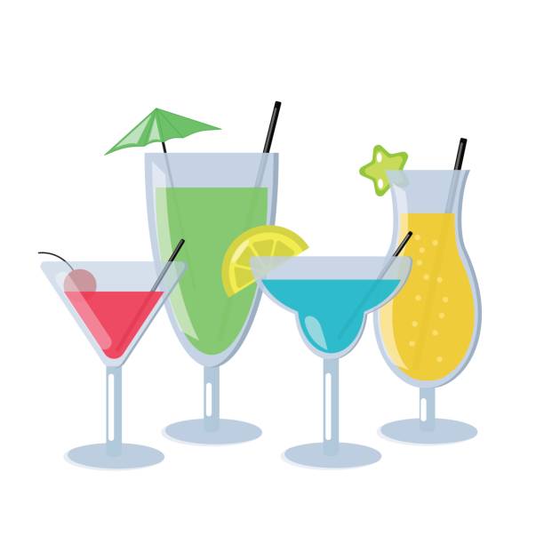 알콜 칵테일 흰색 배경에 고립의 집합입니다. 블루, 오렌지, 녹색 및 빨강 색상의 다른 칵테일 벡터 일러스트 레이 션 - summer party drink umbrella concepts stock illustrations