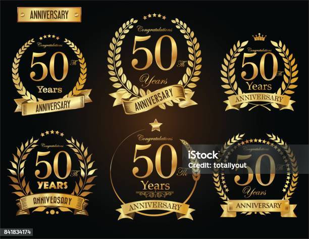 Anniversary Golden Laurel Wreath Vector Collection Stock Illustration - Download Image Now - 50-54 Years, Number 50, Anniversary