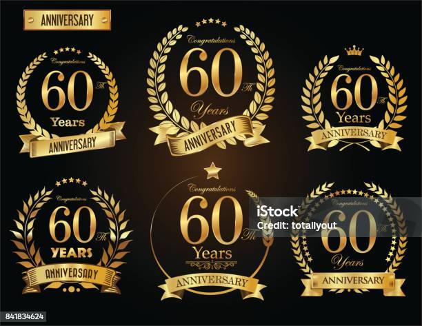 Goldener Lorbeer Kranz Vektor Jubiläumskollektion Stock Vektor Art und mehr Bilder von 60-64 Jahre - 60-64 Jahre, Jahrestag, Zahl 60