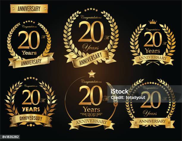 Anniversary Golden Laurel Wreath Vector Collection Stock Illustration - Download Image Now - 20-24 Years, Gold - Metal, Gold Colored