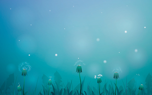 fairy dandelion, fairy summer night with fireflies, glade silhouette at night, fireflies in the summer dream background, vector,
