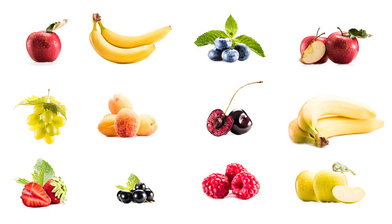 collage with variety of fresh fruits and berries isolated on white