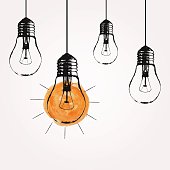 istock Vector grunge illustration with hanging light bulbs and place for text. Modern hipster sketch style. Unique idea and creative thinking concept. 841836866