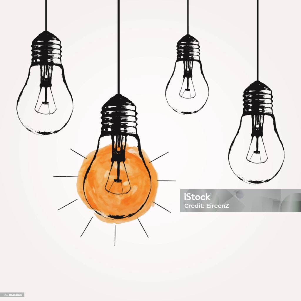 Vector grunge illustration with hanging light bulbs and place for text. Modern hipster sketch style. Unique idea and creative thinking concept. Light Bulb stock vector