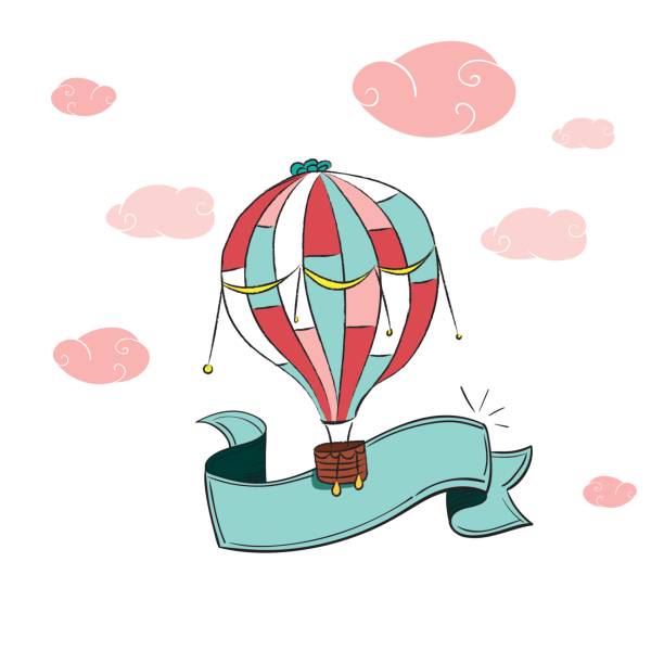 Flying Air Balloon with a Banner Wind, Hot Air Balloon, Vector, Drawing - Art Product, Banner - Sign puff ball gown stock illustrations