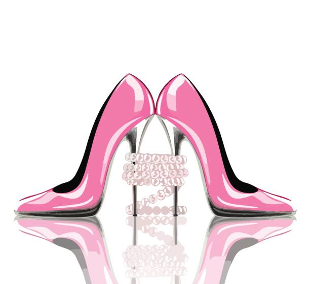 elegante rosa, high heel schuhe mit perlenschmuck. schuhe, symbol für hochzeit und verlobung. - pearl jewelry necklace women stock-grafiken, -clipart, -cartoons und -symbole