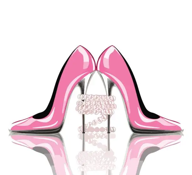 Vector illustration of Elegant pink, high heel shoes with pearl jewelry. Shoes, symbol for wedding and engagement.