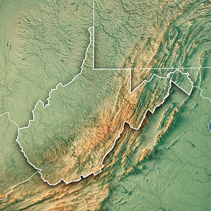 3D Render of a Topographic Map of the State of West Virginia, USA.\nAll source data is in the public domain.\nColor texture: Made with Natural Earth. \nhttp://www.naturalearthdata.com/downloads/10m-raster-data/10m-cross-blend-hypso/\nBoundaries Level 1: USGS, National Map, National Boundary Data.\nhttps://viewer.nationalmap.gov/basic/#productSearch\nRelief texture and Rivers: SRTM data courtesy of USGS. URL of source image: \nhttps://e4ftl01.cr.usgs.gov//MODV6_Dal_D/SRTM/SRTMGL1.003/2000.02.11/\nWater texture: SRTM Water Body SWDB:\nhttps://dds.cr.usgs.gov/srtm/version2_1/SWBD/