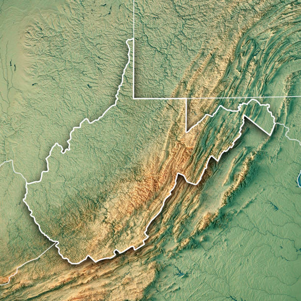 West Virginia State USA 3D Render Topographic Map Border 3D Render of a Topographic Map of the State of West Virginia, USA.
All source data is in the public domain.
Color texture: Made with Natural Earth. 
http://www.naturalearthdata.com/downloads/10m-raster-data/10m-cross-blend-hypso/
Boundaries Level 1: USGS, National Map, National Boundary Data.
https://viewer.nationalmap.gov/basic/#productSearch
Relief texture and Rivers: SRTM data courtesy of USGS. URL of source image: 
https://e4ftl01.cr.usgs.gov//MODV6_Dal_D/SRTM/SRTMGL1.003/2000.02.11/
Water texture: SRTM Water Body SWDB:
https://dds.cr.usgs.gov/srtm/version2_1/SWBD/ west virginia us state stock pictures, royalty-free photos & images