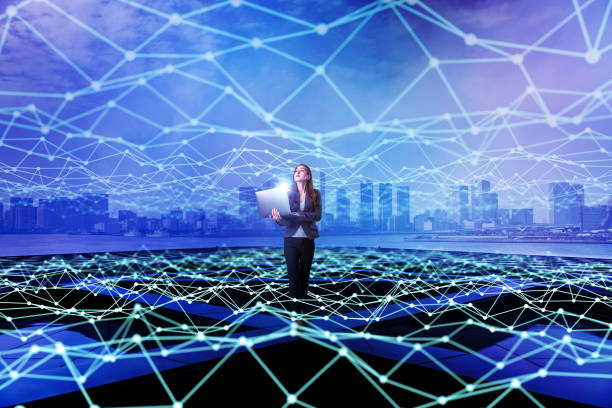 istock Young woman standing with laptop PC and mesh communication network concept. Internet of Things. Smart city. Information Communication Technology. 841843896