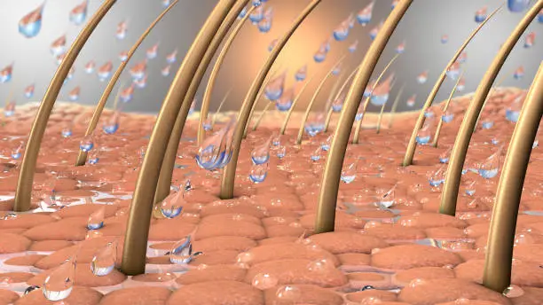3d illustration of water drops on a close up part of skin with hair and and hair roots