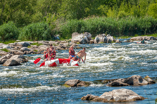 Ukraine, the village of Myhiia, Pivdennyi Buh River - a popular place for extreme leisure activities and training athletes. Rafting and kayaking. Family and corporate holidays on weekends. July 9, 2017
