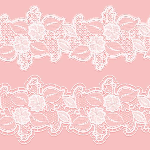 illustrazioni stock, clip art, cartoni animati e icone di tendenza di bordo in pizzo bianco senza cuciture su sfondo rosa. elegante motivo floreale orizzontale per inviti e biglietti di nozze. - wedding frame silk backgrounds