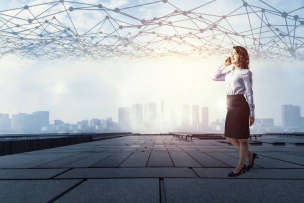 istock young business woman and mesh communication network concept. Internet of Things. Information Communication Network. Smart city. abstract mixed media. 841848152