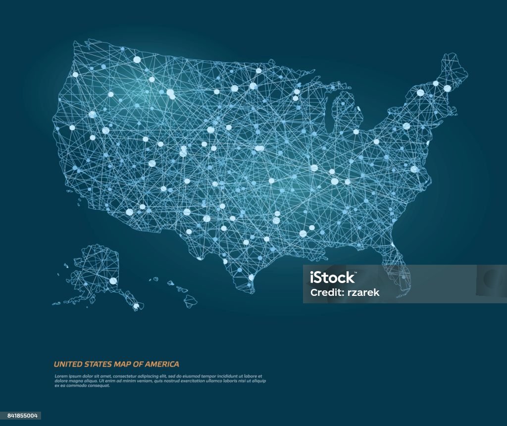 Carte vectorielle de la carte des États-Unis d’Amérique avec des points lumineux. - clipart vectoriel de États-Unis libre de droits