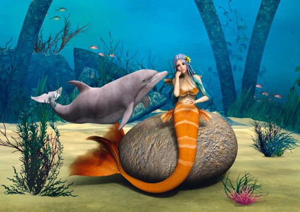 3D digital render of a beautiful sad mermaid sitting on a stone and a cute dolphin on blue fantasy ocean background