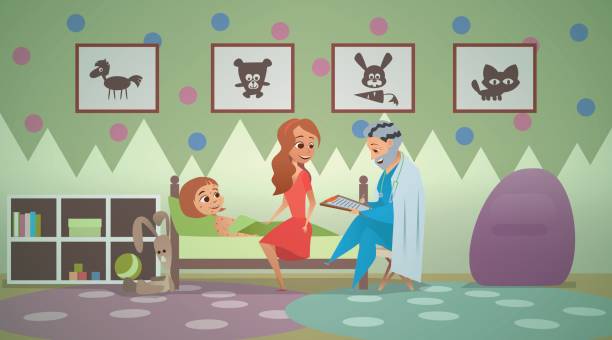 ilustrações de stock, clip art, desenhos animados e ícones de the girl was sick with chickenpox, lying in bed. a gray-haired man prescribes a prescription. mom sits on the bed next to her daughter. interior of a children's playroom - cheerful doctor prescribes professional occupation