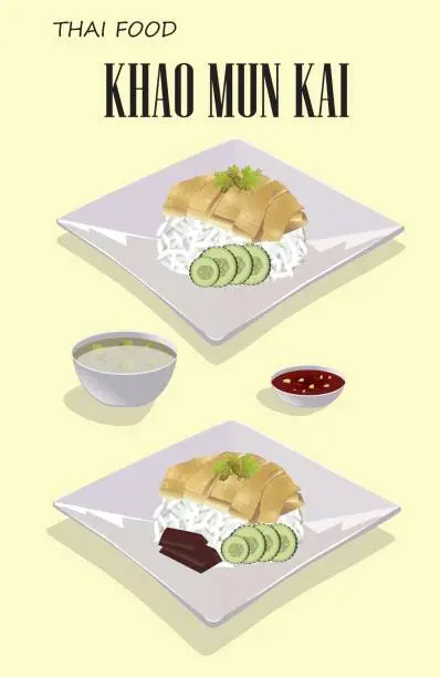 Vector illustration of Khao Mun Kai Hainanese chicken rice steamed chicken and white rice vector Thai Food