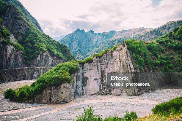 View Of Mountains Babadag And A Muddy River Girdimanchay Lahij Yolu From The Side In Lahic Village Azerbaijan Stock Photo - Download Image Now