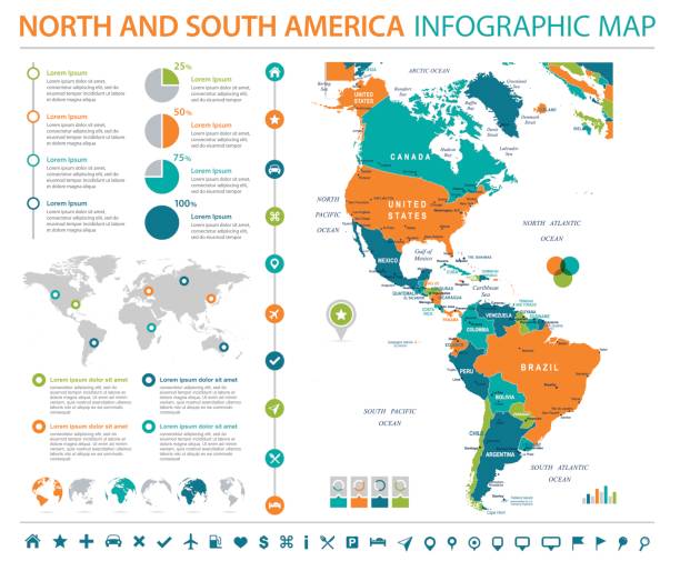 nord- und südamerika karte - info-grafik vektor-illustration - central america map belize honduras stock-grafiken, -clipart, -cartoons und -symbole