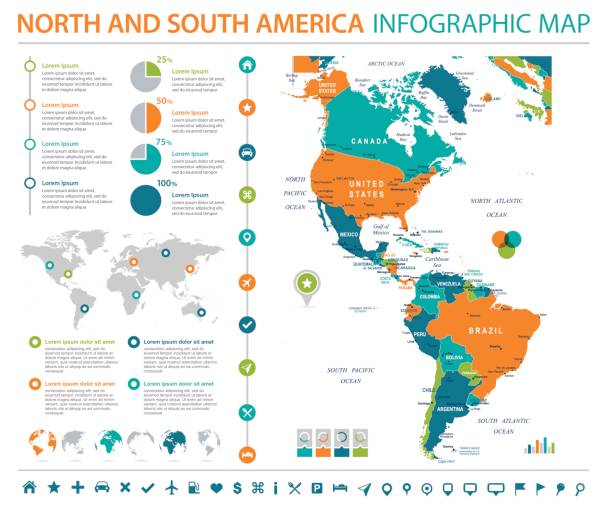 карта северной и южной америки - info graphic vector иллюстрация - argentina honduras stock illustrations